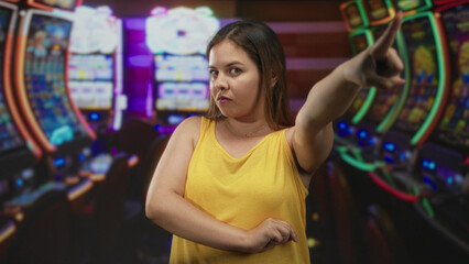 Obraz premium Woman pointing arm at slot machine in casino with crossed arms and stern expression; defiance resilience.