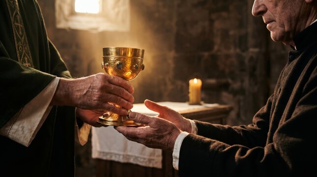 Priest handing golden chalice to man during communion service in church. Catholic worship ceremony featuring bread and wine. Christian ritual of faith and solemnity in religious setting.