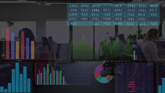 Data feed updating, analysts viewing faint charts shifting, settling over open office for business