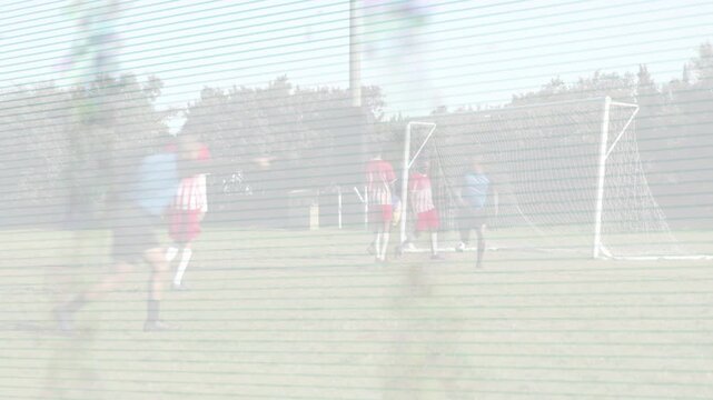 Blue attackers starting run left, advancing with ball, seeking sports goal, shooting, celebrating