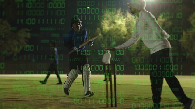 Batsman running between stumps on ball, practicing runs floodlit, green binary overlay guiding