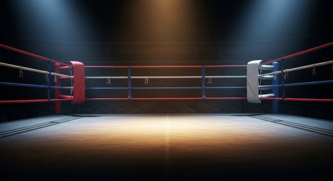 Cinematic empty boxing ring with dramatic spotlight glow, ready for competition and intense performance, evoking anticipation and tension