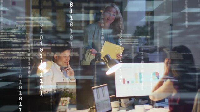 Lead pointing screen with yellow folder causing code sweep or fade overlay team viewing data via gla