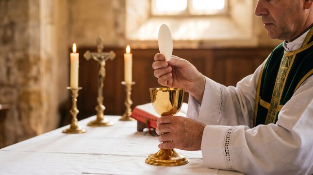 Priest holding host and chalice during the holy communion in a church. Clergyman performing eucharist ritual. Catholic mass celebration, religious faith and spiritual worship tradition.