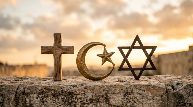 Religious symbols representing Christianity, Islam, and Judaism on stone wall. Wooden cross, golden crescent with star, and Star of David at sunset. Concept of peace and interfaith unity.