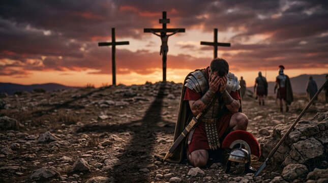 Roman soldier kneeling and praying at Golgotha during crucifixion of Jesus. Repentant centurion grieving under cross. Biblical scene representing faith, sacrifice, redemption and peace.