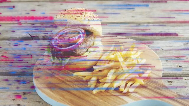 Glitch streaks appearing after initial frame, overlaying plated burger and fries, showcasing menu