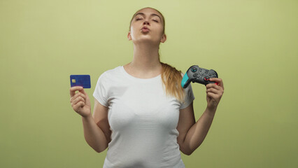 Woman holding gamepad and creditcard with hands in studio, puckering lips and then smiling across sequential frames  payment choice playful. © Krakenimages.com