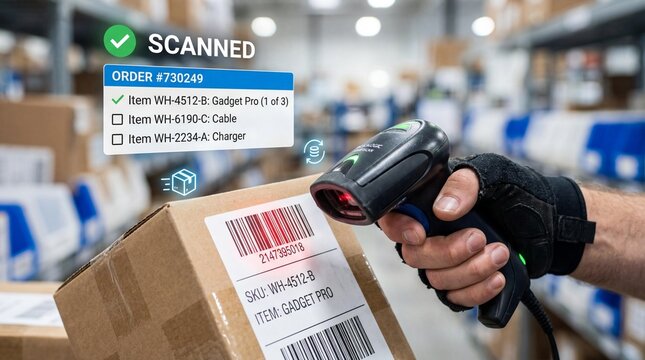 Hand scanning barcode on cardboard box in warehouse with inventory management software interface