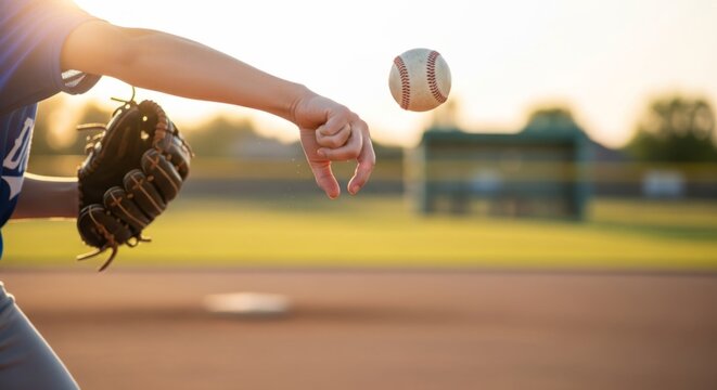 Youthful baseball pitcher's hand releasing ball in dynamic motion during golden hour sunset at field