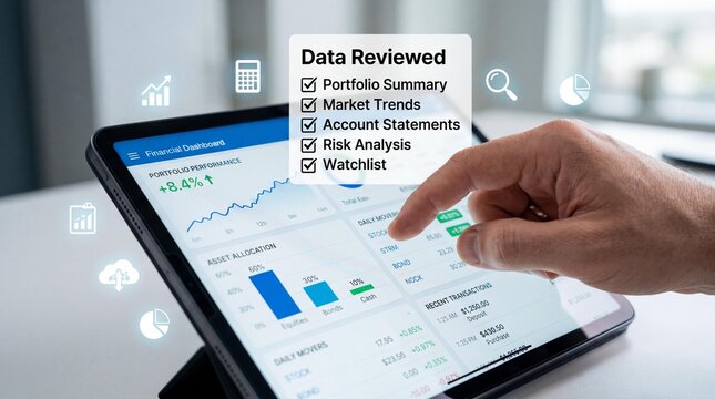 Hand interacting with tablet displaying financial data analysis and market trends on screen