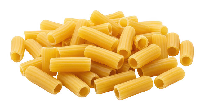 A pile of raw rigatoni pasta tubes, yellow durum wheat semolina noodles arranged in a heap, isolated on transparent background