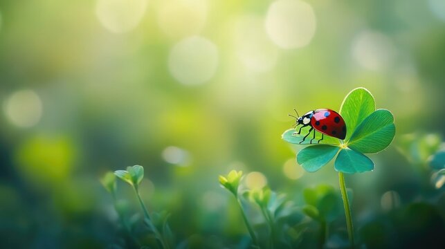 A ladybug sits on the edge of a green leaf, ready to take flight