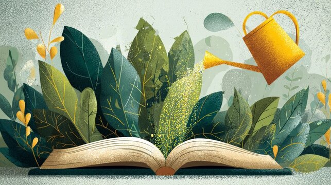 Open book grows lush green leaves. Golden watering can pours life into pages. Nature emerges from words, alive and vibrant. Ideal for education, creativity, or environmental themes