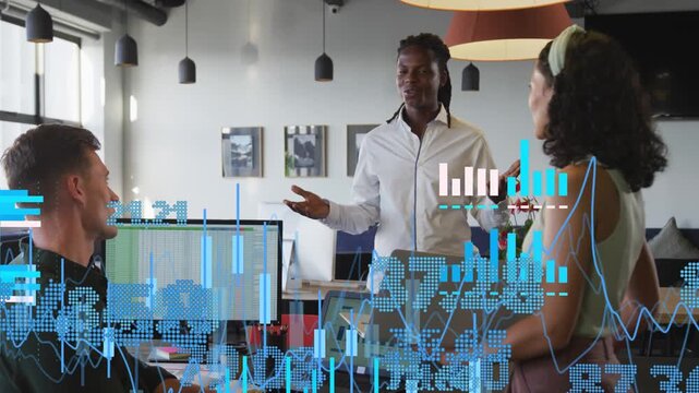 Lead speaking, gesturing in office causing live charts and numbers overlaying screens for business