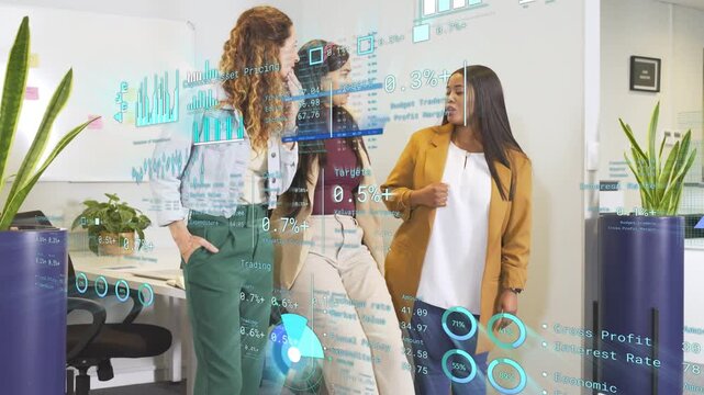 Team near desk, right woman initiating handshake while AR finance charts hovering, collaborating