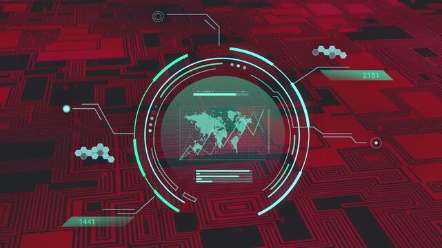 Cyan circular holographic HUD appearing over red circuit board, rotating, pulsing, visualizing data