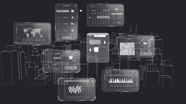 Data update arriving, HUD cluster updating and linking to wireframe city, monitoring operations