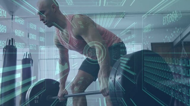 Fit man tightening grip and initiating barbell lift in gym, HUD overlay tracking strength metrics