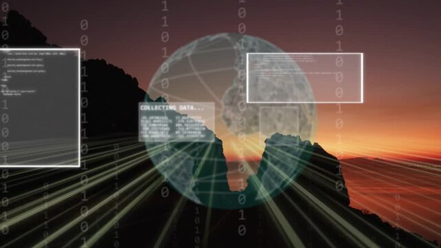 Teal globe rising from right moving spinning while panels sliding showing data fading to coast