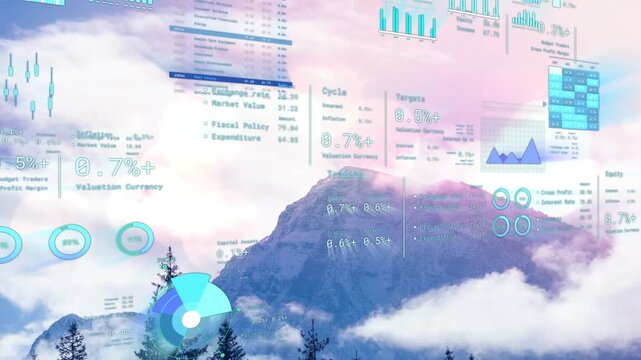 Translucent dashboard overlays expanding after fog drift, animating data over mountain for analysis