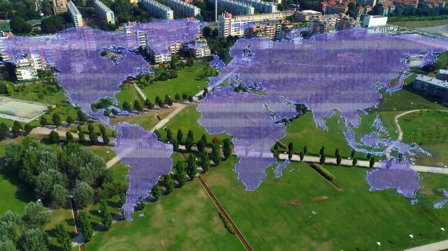 Drone moving forward, purple map shifting into blue dotted grid, revealing park, showing network