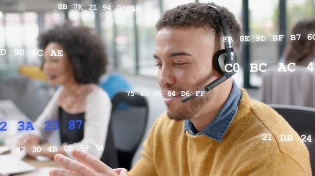 Support agent answering inbound help call, adjusting headset while code graphics overlaying scene