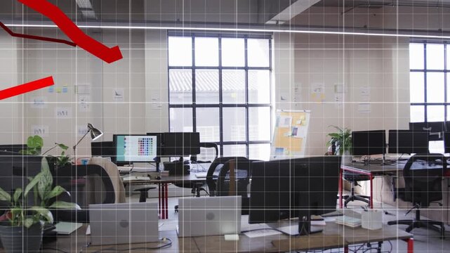 Animated red chart strokes appearing on frame five and sweeping over desks, visualizing rebound