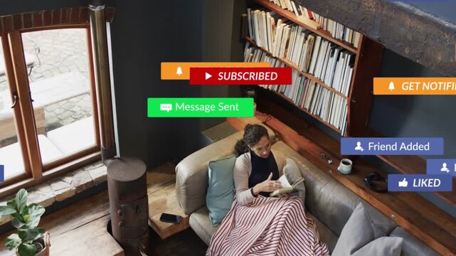 Woman tapping tablet on sofa, sending social media notifications around her, clustering then fading