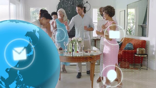 Globe appearing, group of adults moving around table while UI icons floating, showing tech network