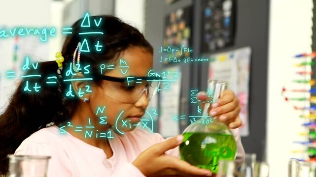 Girl learning science, reaching for flask, lifting inspecting green liquid, teal math overlaying