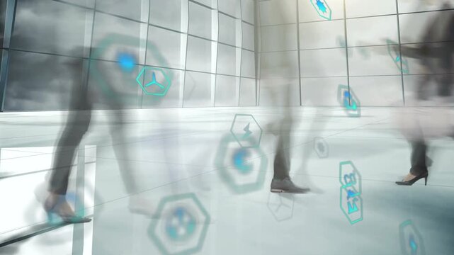 Commuters entering frame causing hex icons floating over tiled floor visualizing business flow