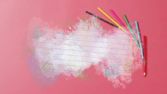 Soft brushstroke appearing and expanding cloudpaper, revealing lined area, pencils staying anchored