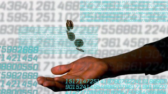 Flip sending coins rising through number overlay, hand catching and showing finance flow