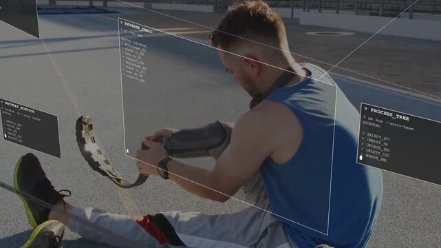 Man seated on sunlit track aligning detached carbon-fiber blade with AR HUD guiding fit for run