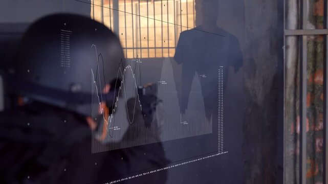Helmeted tech bringing device to glass causing overlay growing into line bar plots to reveal data