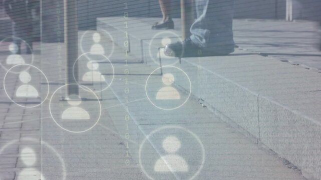 Pedestrian stepping onto ledge causing user icons appearing and multiplying, showing network growth