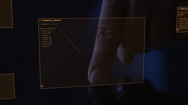 Male tech fingertip entering top-right and tapping orange firewall window as cursor scanning