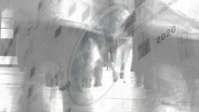 Closeup feet entering frame starting overlays, crowd walking steps, years growing, showing flow