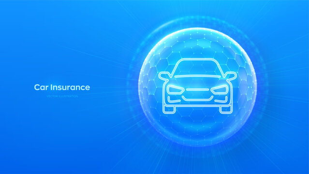 Car insurance concept. Insurance policy. Vehicle insurance services, safety, coverage. Protected car icon inside transparent sphere shield with hexagon pattern on blue background. Vector illustration.