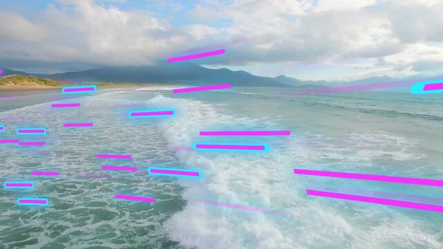 Forward drone starting track to show coast, breaking surf moving ahead, magenta  and  cyan bars slid