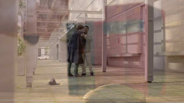 Two men walking toward corridor center, spotting and causing hat to appear, greeting for marketing