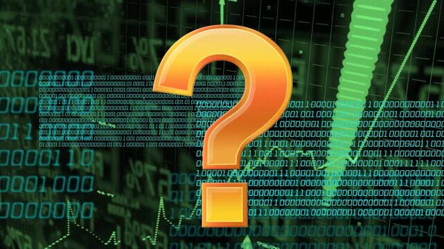 Orange question mark entering third frame growing centering while chart pulsing showing market risk