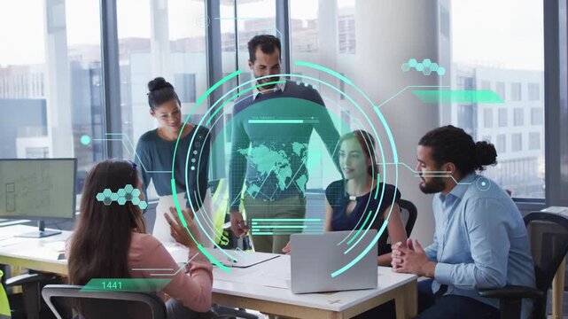 Five business team pointing at docs and laptop, analyzing data while HUD appearing tracking charts