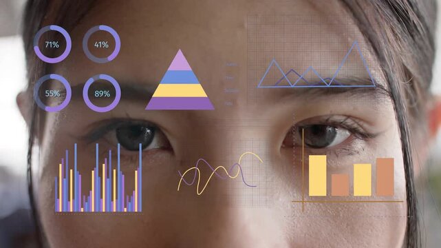 Adult woman opening eyes, initiating tech data for insight, animating overlaid rings, bars, pyramid