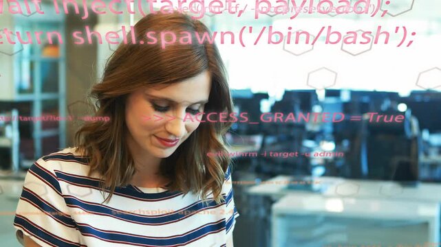 Woman reading desk screen in office, generating pink code overlay revealing ACCESS_GRANTED for tech