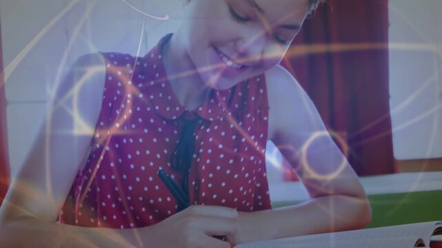 Teen female finishing school notes, camera pulling back revealing smile, animated lines marking pen