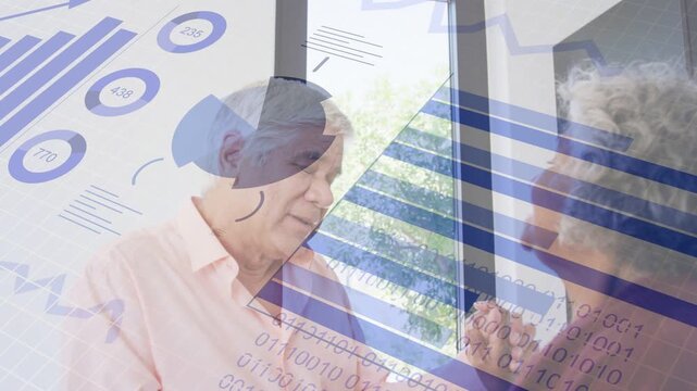 Man reaching, taking woman's hands and discussing health, analytics charts overlaying and animating