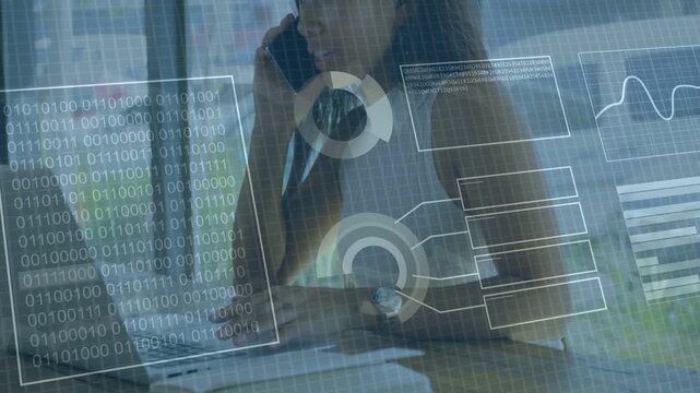 Biz pro lifting phone and answering call, typing and checking charts while data overlays shifting