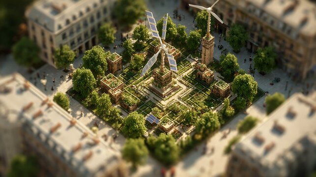 Miniature tilt shift view of a city park with a large wind turbine and green trees in center